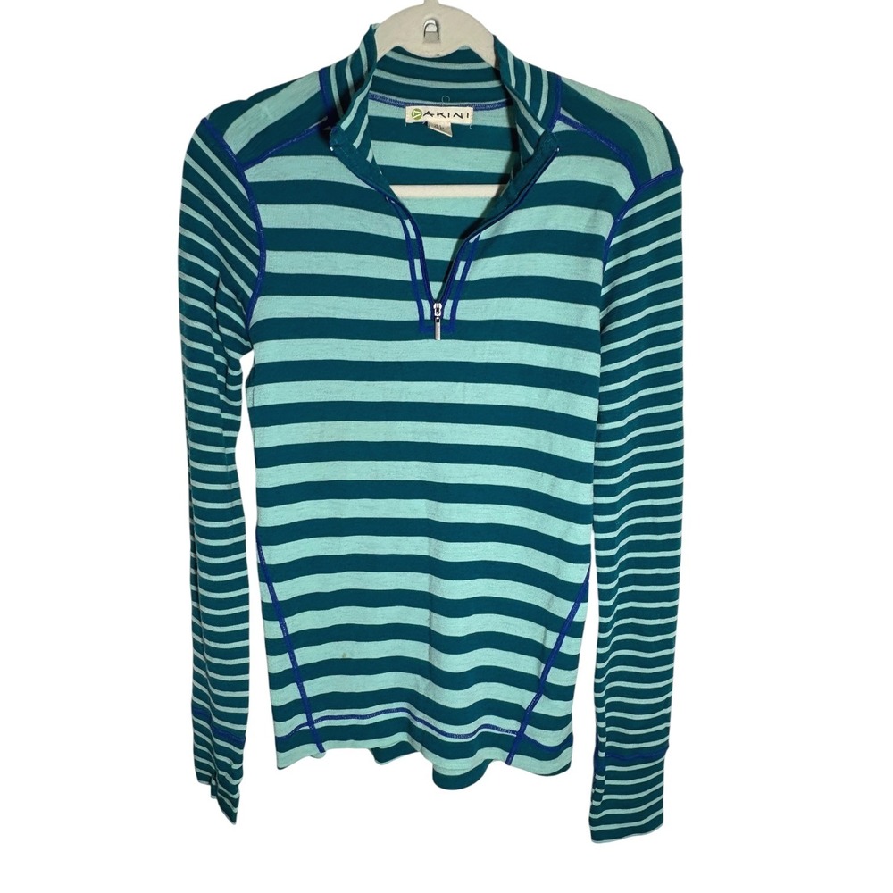 Dakini 100% Merino Wool Striped Base Layer Qtr Zip Thumbholes sz S *tiny flaw